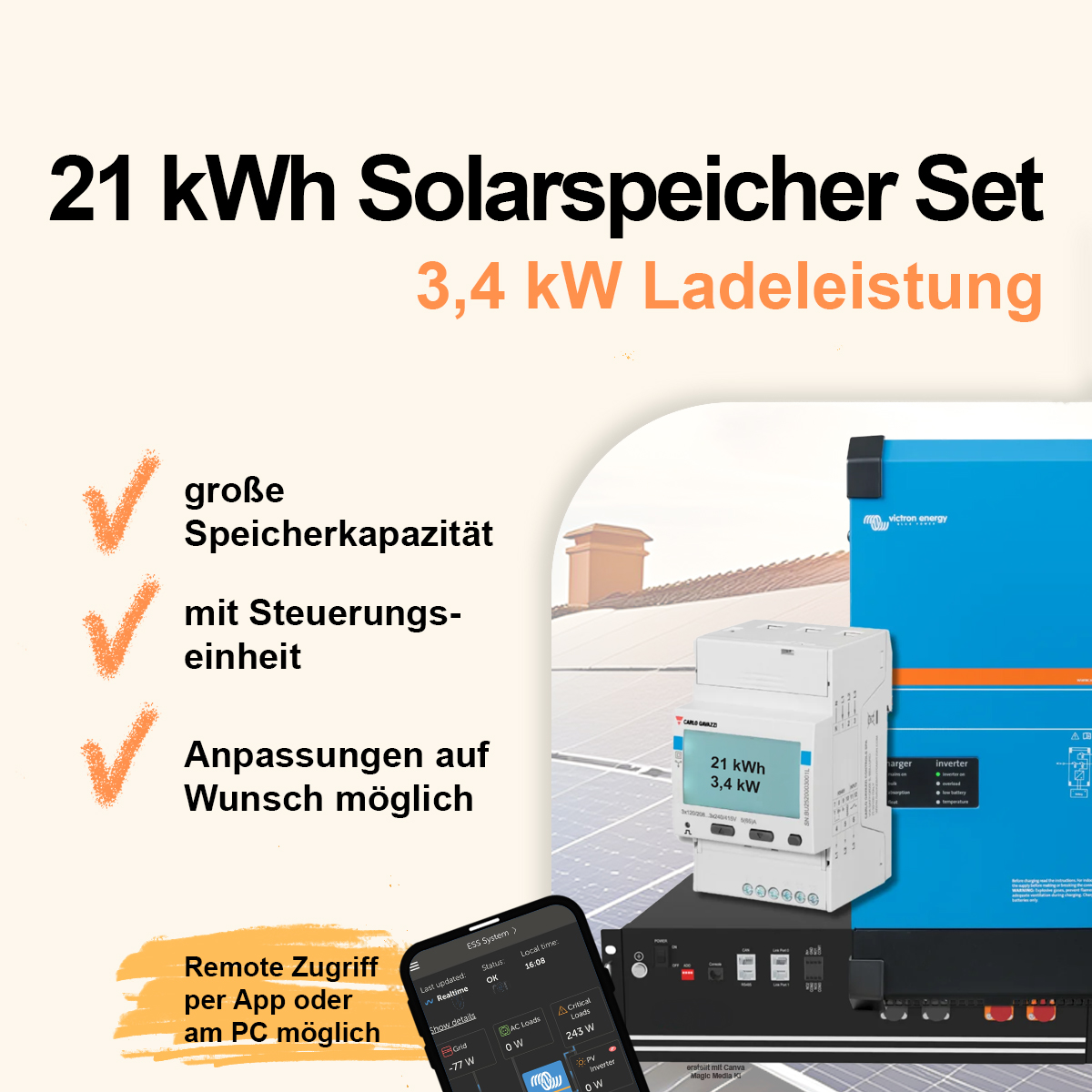 Solarspeicher zum Nachrüsten mit 21,0 kWh ca. 3,4kW Ladeleistung mit Steuerungseinheit