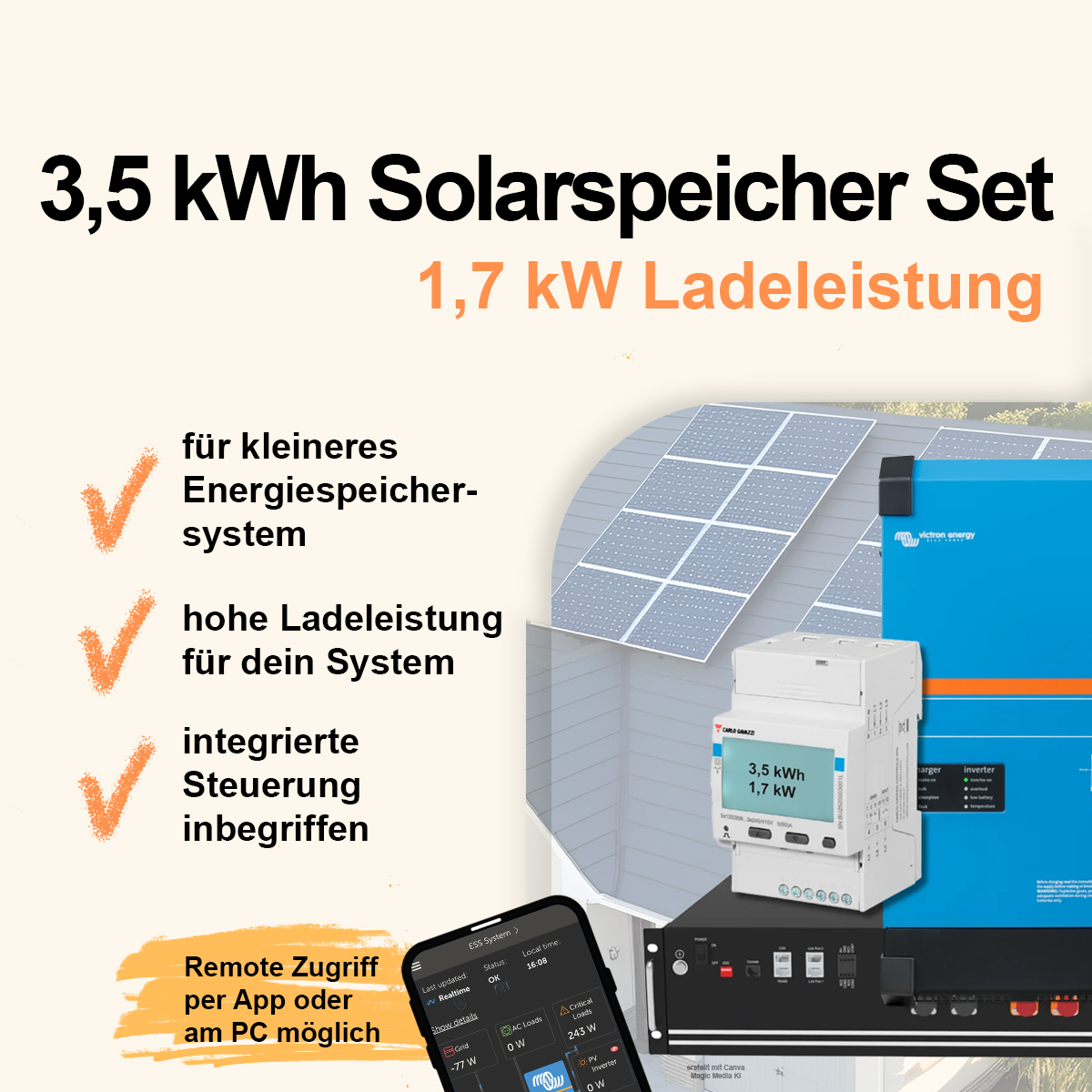 Solarspeicher zum Nachrüsten mit 3,5 kWh ca. 1,7kW Ladeleistung mit integrierter Steuerung