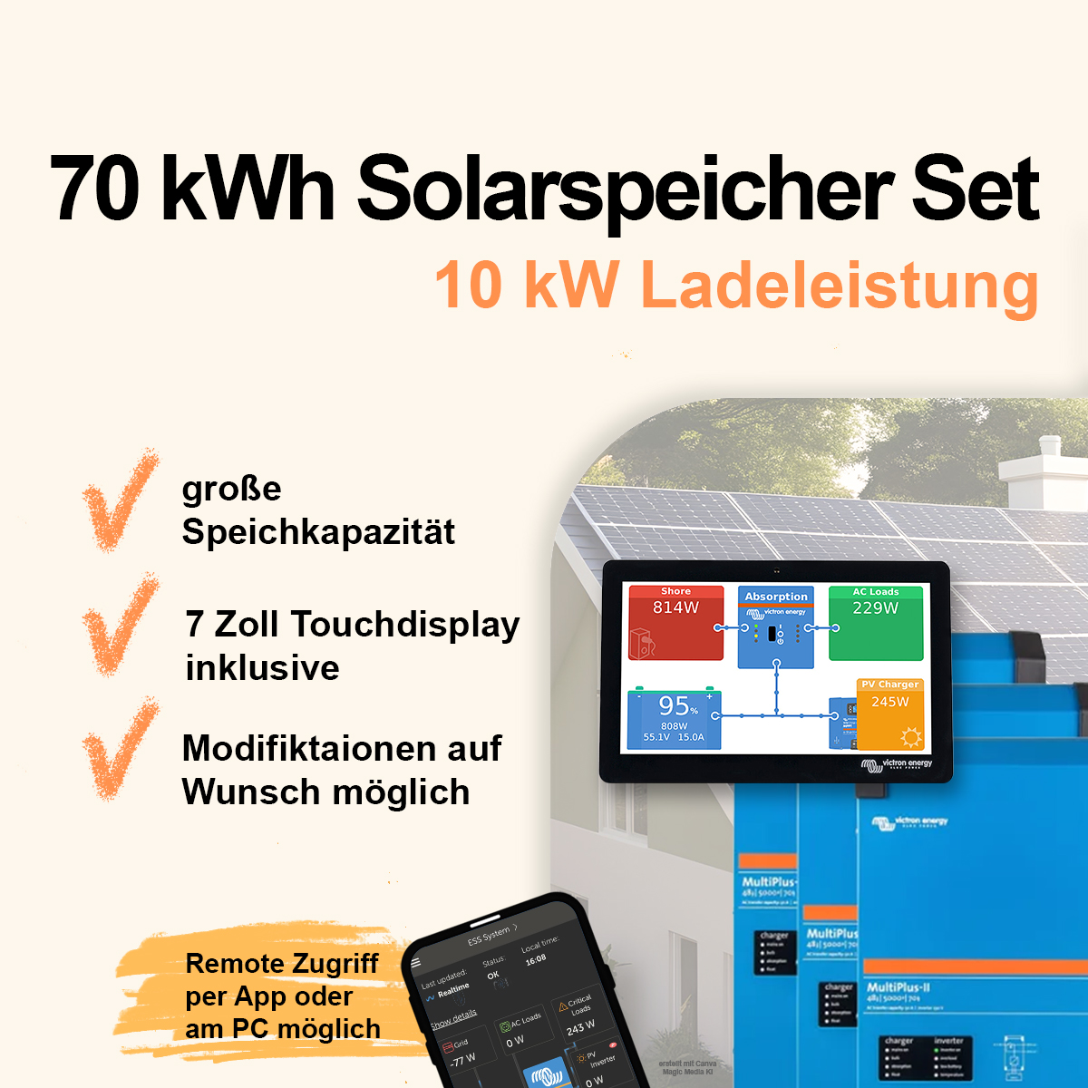 Solarspeicher zum Nachrüsten mit 70 kWh ca. 10 kW Ladeleistung mit Steuerung und 7 Zoll Touchdisplay
