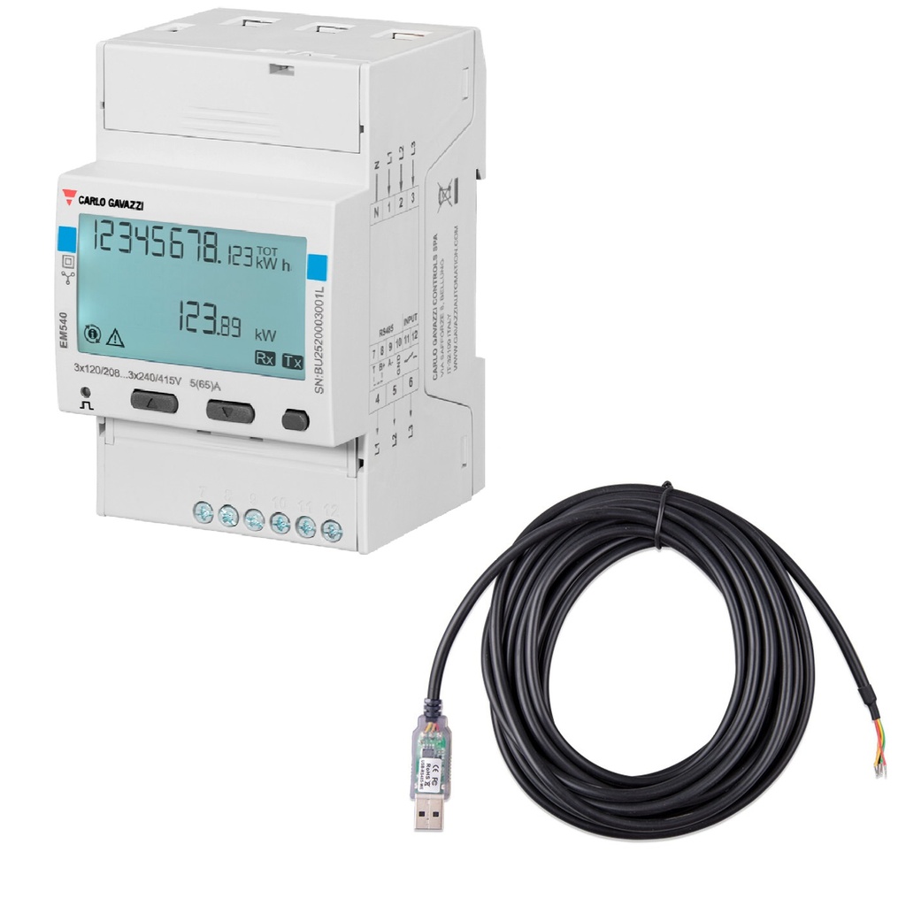 Energy Meter EM540 - 3 phase - max 65A/phase - RS485 Schnittstelle Set mit 5,0m Kabel mit USB-Stecker z.B. an CerboGX